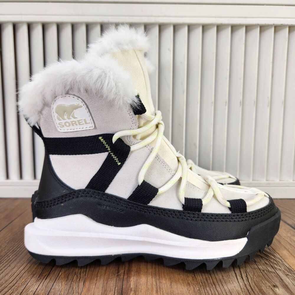 Sorel ONA RMX Glacy Plus Waterproof Boots Womens Sz 6 White Black Faux Fur Trim